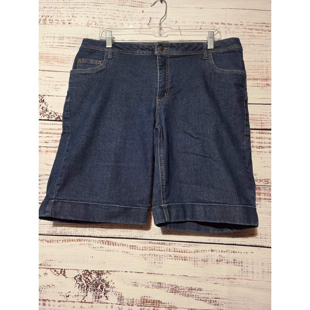 Woman Within Womens 14W Denim Bermuda Shorts Dark Wash Stretch Cuffed